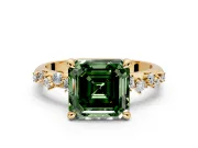 Solitaire Engagement Ring Setting for Fancy Green Asscher Cut Center with Trailing Leaf Accent Band and Prong Head in Yellow Gold