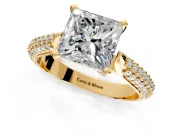 Solitaire Engagement Ring Setting for Princess Cut Center with Multi-Row Accents and Prong Head in Yellow Gold