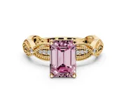 Solitaire Engagement Ring Setting for Fancy Pink Emerald Cut Center with Marquise Panel Band and Prong Head in Yellow Gold