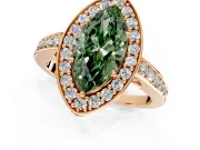 Bezel-Framed Halo Engagement Ring Setting for Fancy Green Marquise Center with Pave Band and Prong Head in Rose Gold