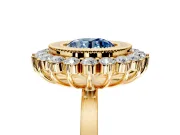 Halo Engagement Ring Setting for Fancy Blue Round Cut Center with Milgrain Bezel Rim, Plain Band and Prong Head in Yellow Gold