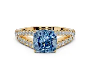 Solitaire Engagement Ring Setting for Fancy Blue Cushion Cut Center with Pave Split Shank and Prong Head in Yellow Gold