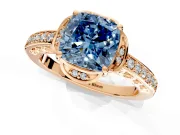 Floral Engagement Ring Setting for Fancy Blue Cushion Cut Center with Four Accent Clusters and Prong Head in Rose Gold