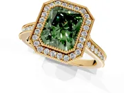 Halo Engagement Ring Setting for Fancy Green Radiant Cut Center with Milgrain Pave Band and Bezel Head in Yellow Gold