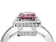 Halo Engagement Ring Setting for Fancy Pink Emerald Cut Center with Metal-Rimmed Halo, Pave Band and Prong Head in Sterling Silver