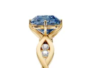 Solitaire Engagement Ring Setting for Fancy Blue Cushion Cut Center with Accented Twist Band and Leaf Prong Head in Yellow Gold
