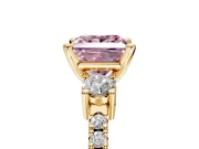 3 Stone Engagement Ring Setting for Fancy Pink Princess Cut Center with Round Cut Side Accents and Prong Head in Yellow Gold