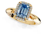 Halo Engagement Ring Setting for Fancy Blue Emerald Cut Center with Tapered Plain Band and Prong Head in Yellow Gold