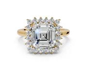 Starburst Halo Engagement Ring Setting for Asscher Cut Center with Thin Round-Wire Band and Prong Head in Yellow Gold