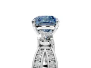 3 Stone Engagement Ring Setting for Fancy Blue Cushion Cut Center with Pave Twist Band and Prong Head in Platinum