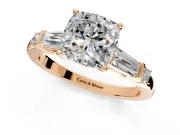 Bar-Set Engagement Ring Setting for Cushion Cut Center with Tapered Baguette Accents and Prong Head in Rose Gold