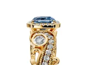 Milgrain Halo Engagement Ring Setting for Fancy Blue Asscher Cut Center with Shoulder Bezels and Prong Head in Yellow Gold