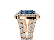 Halo Engagement Ring Setting for Fancy Blue Emerald Cut Center with Narrow Pave Split Shank and Prong Head in Rose Gold