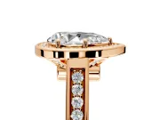 Halo Engagement Ring Setting for Pear-Shaped Center with Outer Bezel Rim, Pave Band and Prong Head in Rose Gold