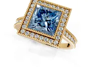 Halo Engagement Ring Setting for Fancy Blue Princess Cut Center with Milgrain Pave Band and Bezel Head in Yellow Gold