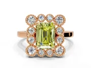Cluster Halo Engagement Ring Setting for Fancy Yellow Emerald Cut Center with Milgrain Bezel Accents and Prong Head in Rose Gold