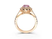 Double Halo Engagement Ring Setting for Fancy Pink Cushion Cut Center with Narrow Pave Split Shank and Prong Head in Rose Gold