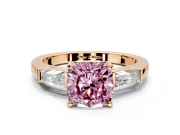 3 Stone Engagement Ring Setting for Fancy Pink Cushion Cut Center with Tapered Baguettes, Plain Band and Prong Head in Rose Gold