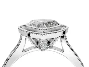 Halo Engagement Ring Setting for Heart-Shaped Center with Milgrain Pave Band and Bezel Head in White Gold