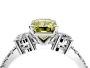 3 Stone Engagement Ring Setting for Fancy Yellow Emerald Cut Center with Round Cut Side Accents and Prong Head in Platinum