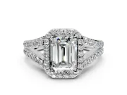 Halo Engagement Ring Setting for Emerald Cut Center with Narrow Pave Split Shank and Prong Head in Platinum