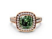 Halo Engagement Ring Setting for Fancy Green Cushion Cut Center with Outer Bezel Rim, Pave Band and Prong Head in Rose Gold