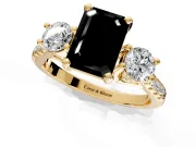 3 Stone Engagement Ring Setting for Fancy Black Emerald Cut Center with Crossover Basket, Pave Band and Prong Head in Yellow Gold