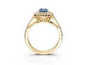 Double Halo Engagement Ring Setting for Fancy Blue Emerald Cut Center with Narrow Pave Split Shank and Prong Head in Yellow Gold