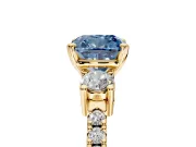 3 Stone Engagement Ring Setting for Fancy Blue Cushion Cut Center with Round Cut Side Accents and Prong Head in Yellow Gold