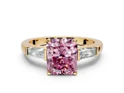 3 Stone Engagement Ring Setting for Fancy Pink Radiant Cut Center with Tapered Baguettes, Plain Band and Prong Head in Yellow Gold