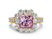 Halo Engagement Ring Setting for Fancy Pink Princess Cut Center with Milgrain Channel Band and Prong Head in Yellow Gold