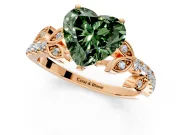 Leaf Motif Engagement Ring Setting for Fancy Green Heart-Shaped Center with Pave Band and Prong Head in Rose Gold