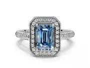 Milgrain Halo Engagement Ring Setting for Fancy Blue Emerald Cut Center with Three-Sided Pave Band and Prong Head in Platinum