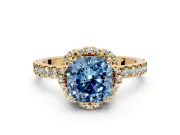 Halo Engagement Ring Setting for Fancy Blue Cushion Cut Center with Openwork Halo, Pave Band and Prong Head in Yellow Gold