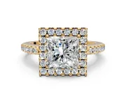 Pave Halo Engagement Ring Setting for Princess Cut Center with Single Row Pave Band and Prong Head in Yellow Gold