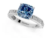 Solitaire Engagement Ring Setting for Fancy Blue Cushion Cut Center with Milgrain-Edged Pave Band and Prong Head in Platinum