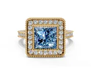 Halo Engagement Ring Setting for Fancy Blue Princess Cut Center with Milgrain Frame, Pave Band and Prong Head in Yellow Gold