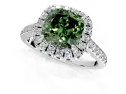 Halo Engagement Ring Setting for Fancy Green Cushion Cut Center with Raised Halo, Pave Band and Prong Head in Sterling Silver