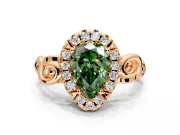 Halo Engagement Ring Setting for Fancy Green Pear-Shaped Center with Open Scroll Shoulders and Prong Head in Rose Gold