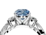3 Stone Engagement Ring Setting for Fancy Blue Cushion Cut Center with Pave Split Shank and Prong Head in Sterling Silver