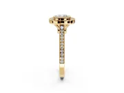 Halo Engagement Ring Setting for Cushion Cut Center with Milgrain Frame, Pave Band and Prong Head in Yellow Gold