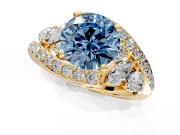 Halo Engagement Ring Setting for Fancy Blue Round Cut Center with Marquise and Pave Bypass Band and Prong Head in Yellow Gold