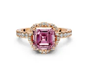 Floral Halo Engagement Ring Setting for Fancy Pink Asscher Cut Center with Pave Band and Prong Head in Rose Gold