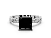 Solitaire Engagement Ring Setting for Fancy Black Princess Cut Center with Engraved Milgrain Band and Prong Head in Sterling Silver
