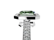 Milgrain Halo Engagement Ring Setting for Fancy Green Asscher Cut Center with Three-Sided Pave Band and Prong Head in Sterling Silver