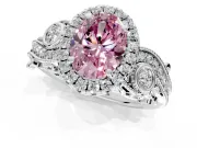 Milgrain Halo Engagement Ring Setting for Fancy Pink Oval Center with Shoulder Bezels and Prong Head in Platinum