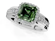 Halo Engagement Ring Setting for Fancy Green Asscher Cut Center with Wide Band, Inlaid Accent Row and Prong Head in Sterling Silver