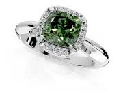 Halo Engagement Ring Setting for Fancy Green Cushion Cut Center with Tapered Plain Band and Prong Head in White Gold
