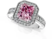 Milgrain Halo Engagement Ring Setting for Fancy Pink Radiant Cut Center with Pave Band and Prong Head in White Gold