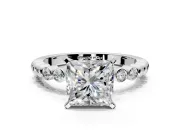 Solitaire Engagement Ring Setting for Princess Cut Center with Bezel-Dot Beaded Band and Prong Head in White Gold